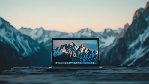 Laptop window opens to mirrored mountain dawn horizon.