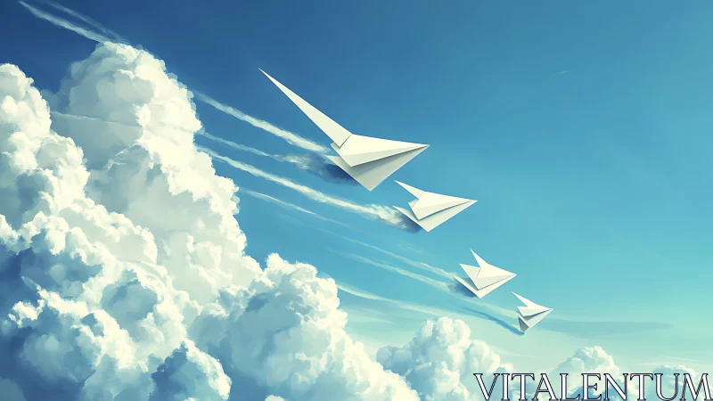 Paper jet squadron soaring over towering cloudscape sky.