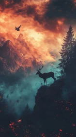 Silhouetted stag stands on cliff before fiery clouded sky