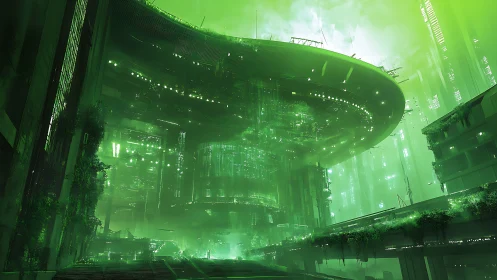 Futuristic green megastructure above layered urban platforms.