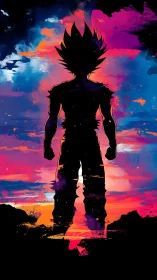 Silhouetted anime warrior against neon abstract sunset sky.