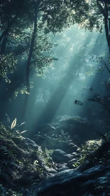 Misty Forest Grove with God Rays and Stream.