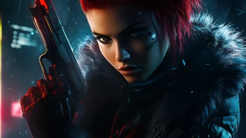 Neon-haired cyber huntress aiming through frozen rain.