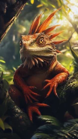 Vivid orange lizard perched alertly in lush jungle light.