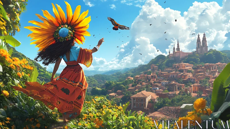 Sunflower crowned woman overlooking terracotta hillside townscape