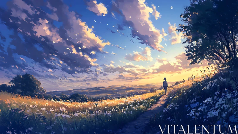 Solitary walker moves through glowing fields at sunset