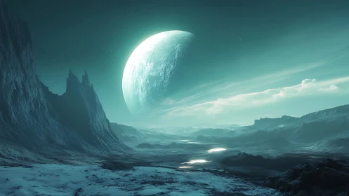 Frozen alien valley under large illuminated crescent planet.