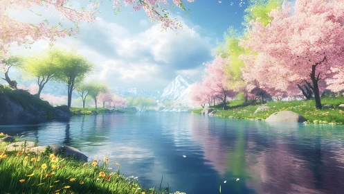 Spring mountain lake with cherry blossoms and clear sky.