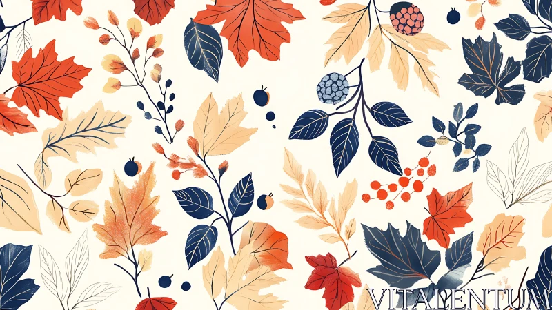 Autumn foliage pattern with stylized berries and contour lines.