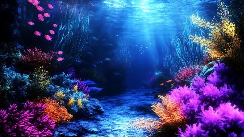 Glowing coral reef path under gentle sunlit waters.