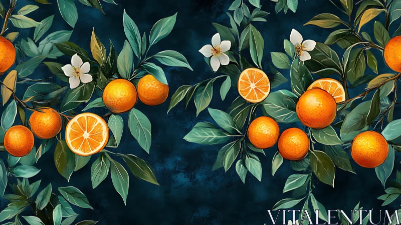 Orange branches with blossoms on deep teal background.