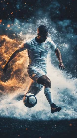 Fiery soccer hero charging forward in a burst of energy.