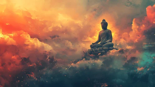 Meditative Buddha statue levitating amid luminous sunset clouds