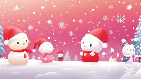 Cute snow characters in red Santa hats on snowy hill.