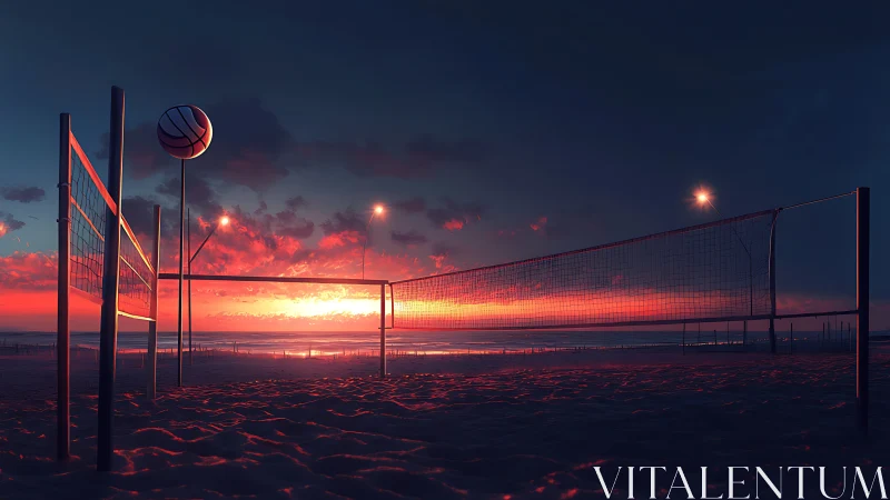 Sunset beach volleyball court rendered in cinematic lighting