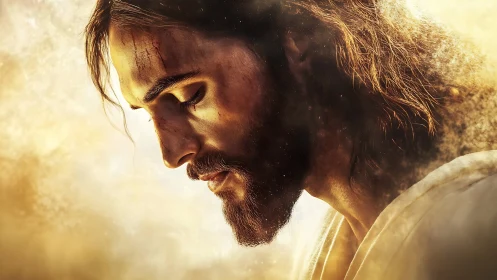 Profile portrait of contemplative bearded man in golden haze