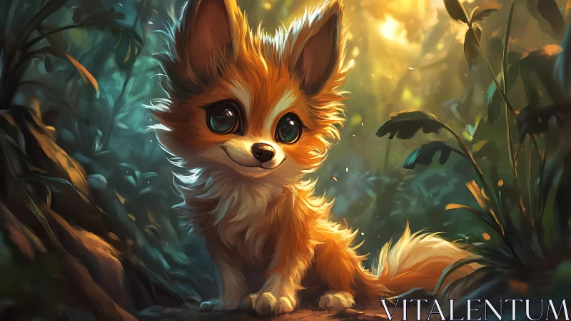Small foxlike creature in softly lit forest scene.