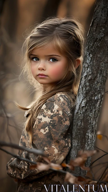 Young Girl Posing Thoughtfully by Tree Trunk