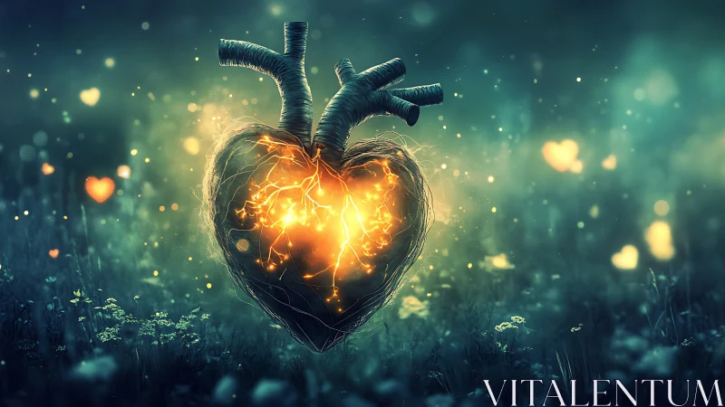 Luminescent Heart with Nerve Branches in Ethereal Forest.