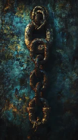 Weathered metal chain hangs boldly against textured teal wall
