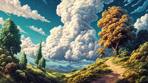 Sunlit hilltop path beneath towering storybook clouds.