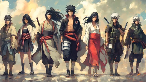 Wind-tossed anime warriors stride through painted sunrise.