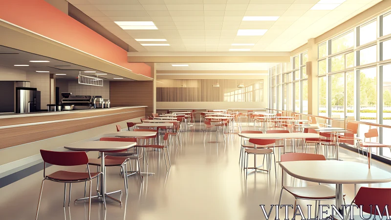 Sunlit modern cafeteria interior shows clean dining layout