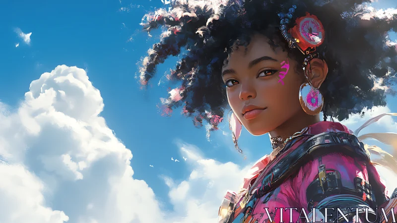 Vibrant skyward portrait with neon cyber accessories and clouds.