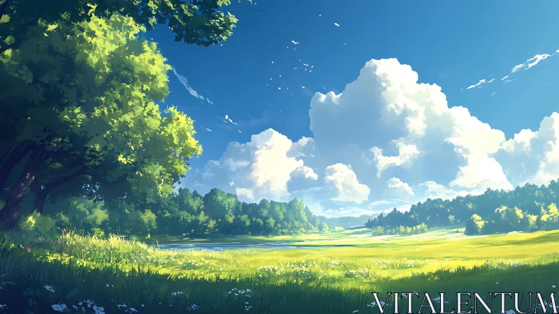 Sunny anime meadow under towering summer clouds.