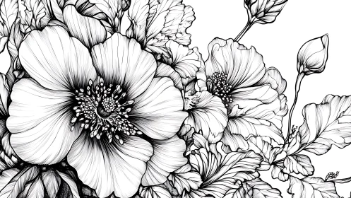 Detailed Botanical Florals. Intricate Line Art Blooms.
