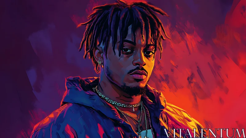 Neon-lit portrait of man in jacket against fiery gradient.