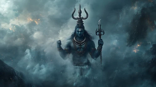 Divine blue deity strides through storm clouds with sacred power