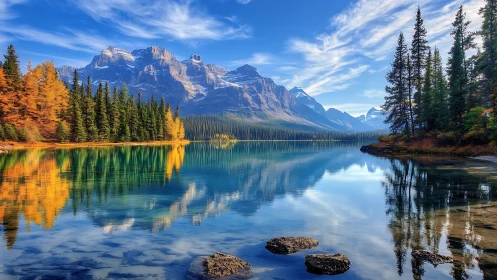 Quiet mountain lake where autumn forests meet clear sky.