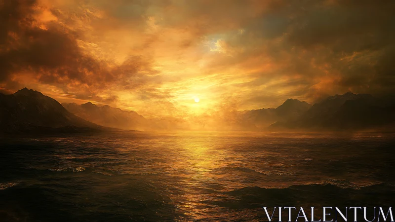 Atmospheric seascape sunset with mountainous coastal silhouettes