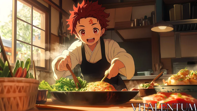Anime chef boy stirs sizzling vegetable wok at sunrise.