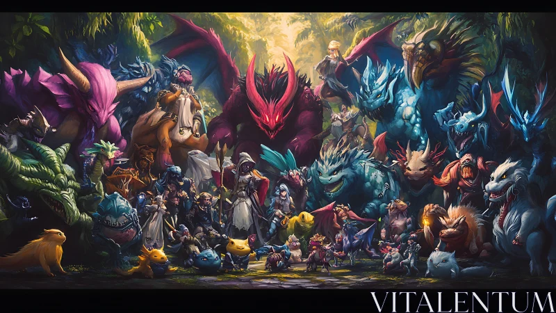 Large fantasy ensemble of warriors with diverse creatures.