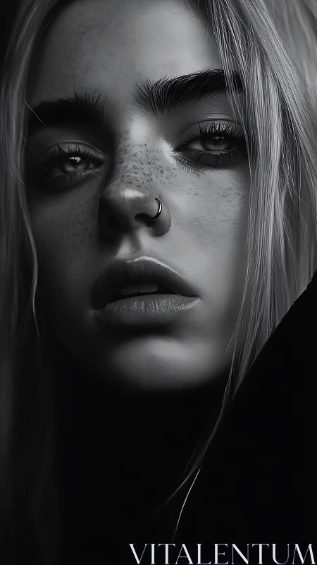 Monochrome freckled portrait with piercing gaze and shadow