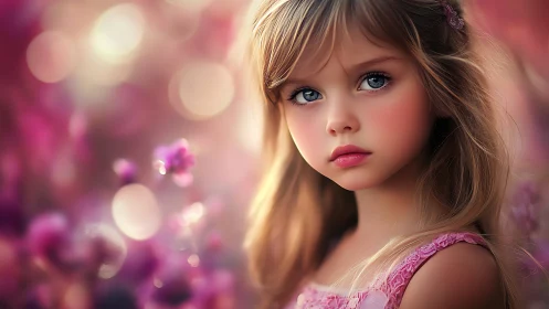Child in pink dress with soft floral bokeh background.