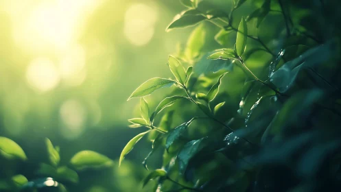 Backlit green leaves with dewdrops in shallow depth-of-field glow