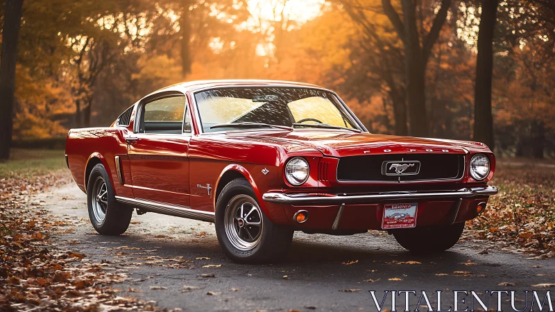 Red classic Ford Mustang fastback on forest road at dusk.