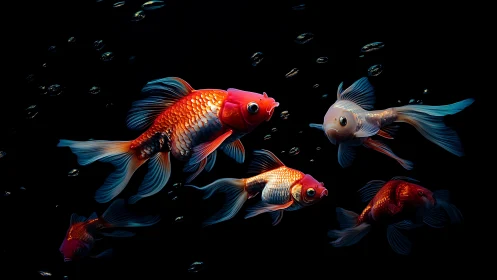 Glowing goldfish drift through a midnight pocket of calm.