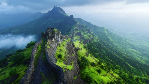 Mountain fort wall over green ridge in morning mist.