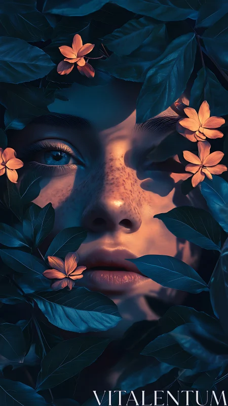 Low-key portrait embeds freckled face in teal foliage with warm rim light