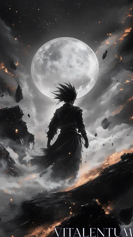 Lone warrior silhouette under colossal burning moon.
