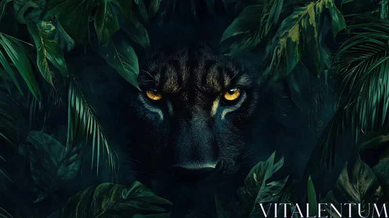 Predatory gaze emerging from shadowed emerald jungle foliage.