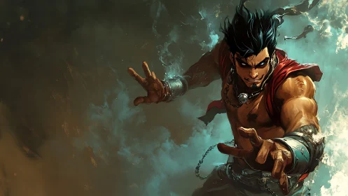 Dynamic male figure extends hands within turbulent clouds