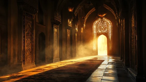 Golden light through ornate Islamic archway interior.