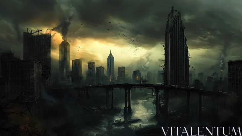 Smoldering bridge city under feral stormlight skyline ruin.