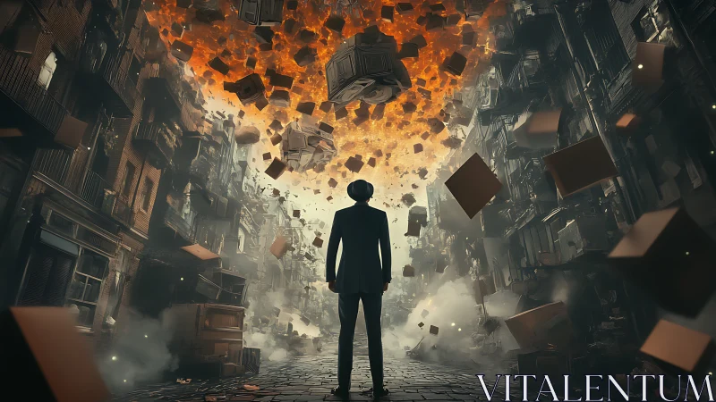 Solitary dreamer watches a burning sky of tumbling cubes