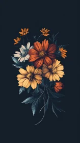 Warm Bouquet: Orange, Red and Golden Daisy Cluster on Dark Background
